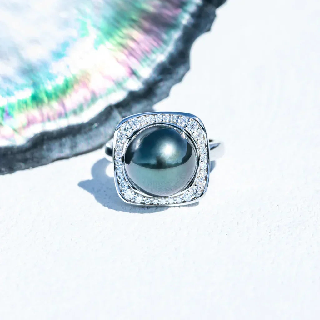 Bague Argent Perle de Tahiti Noire 12-13mm - Diamants Moissanites 1.8ct
