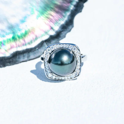 Bague Argent Perle de Tahiti Noire 12-13mm - Diamants Moissanites 1.8ct