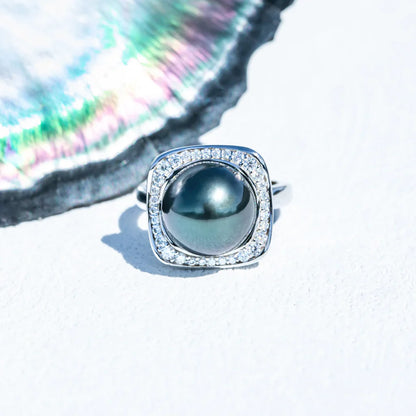 Bague Argent Perle de Tahiti Noire 12-13mm - Diamants Moissanites 1.8ct