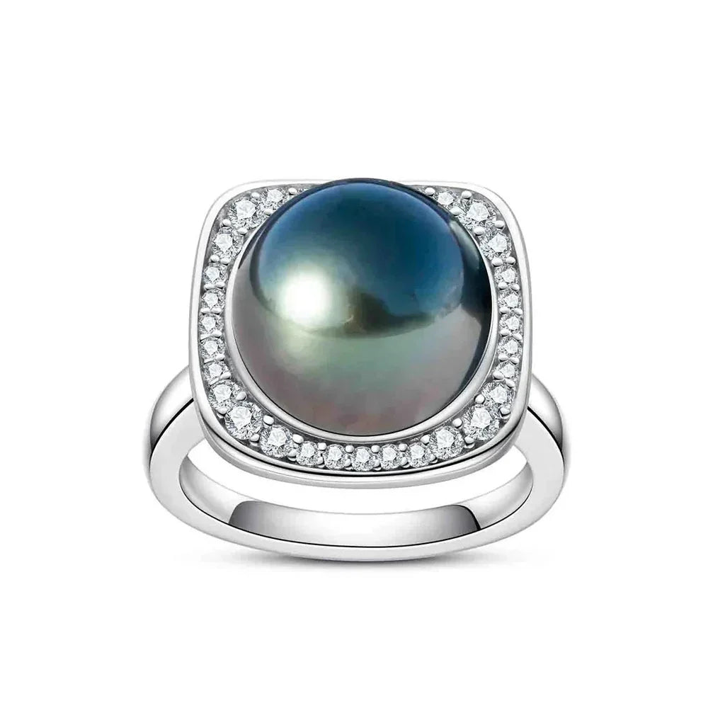 Bague Argent Perle de Tahiti Noire 12-13mm - Diamants Moissanites 1.8ct