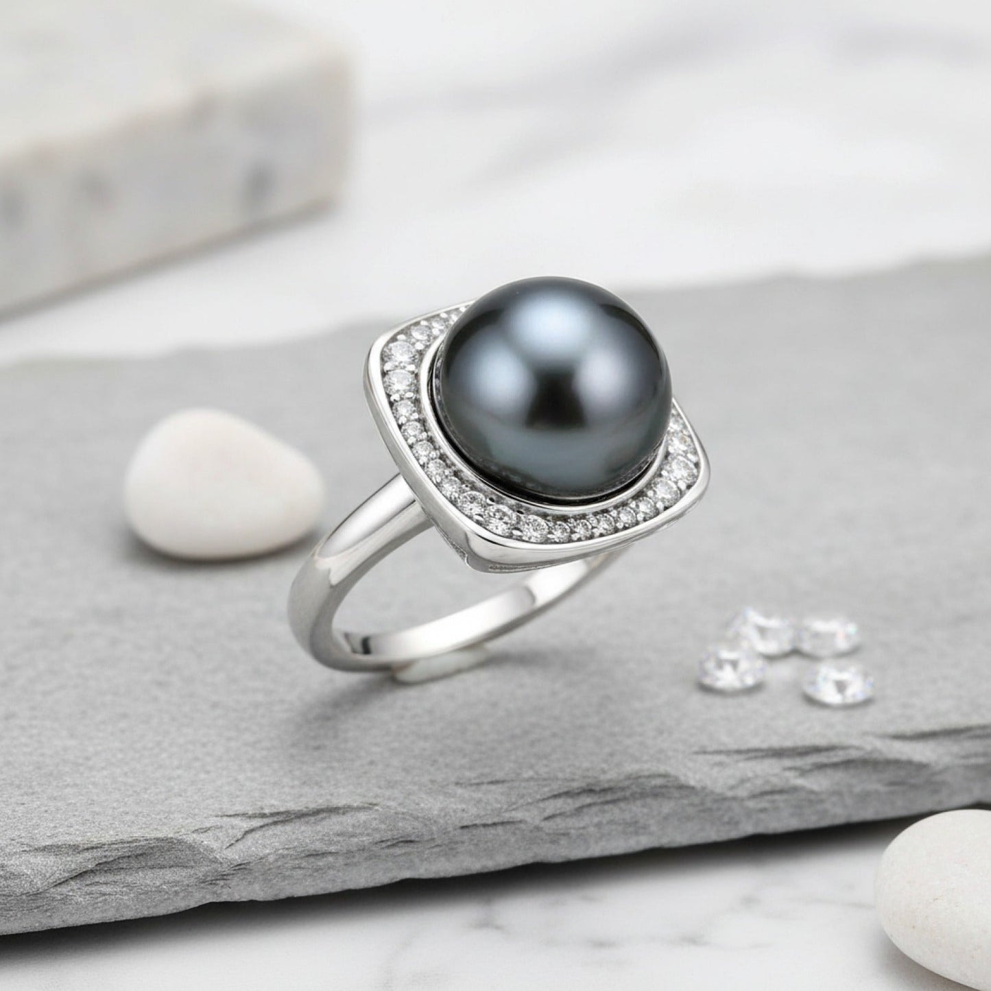 Bague Argent Perle de Tahiti Noire 12-13mm - Diamants Moissanites 1.8ct