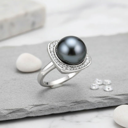 Bague Argent Perle de Tahiti Noire 12-13mm - Diamants Moissanites 1.8ct