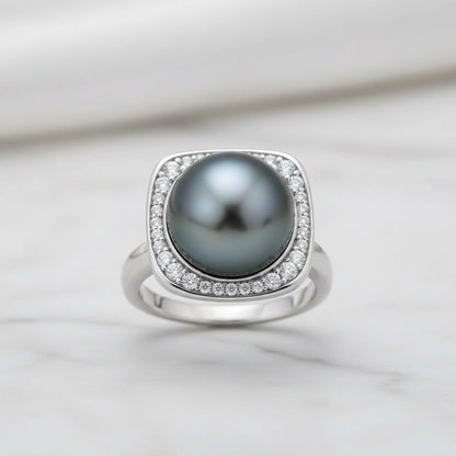 Bague Argent Perle de Tahiti Noire 12-13mm - Diamants Moissanites 1.8ct