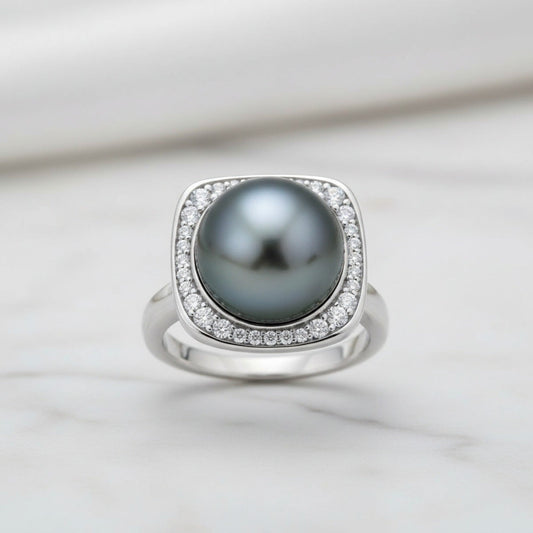 Bague Argent Perle de Tahiti Noire 12-13mm - Diamants Moissanites 1.8ct