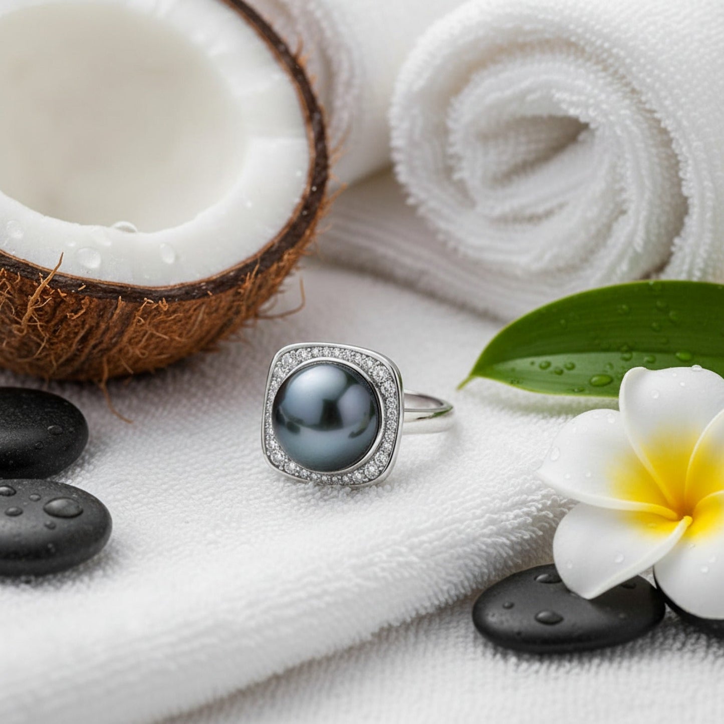 Bague Argent Perle de Tahiti Noire 12-13mm - Diamants Moissanites 1.8ct